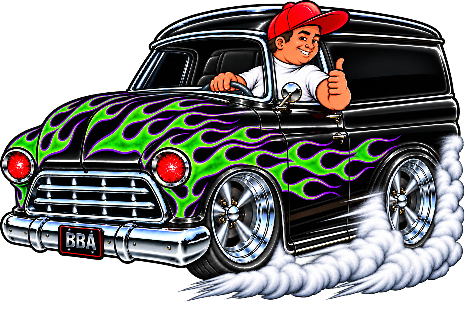 Digger Tribute design: the BBA Man sitting in a black custom truck with bright green flames, doing a burnout