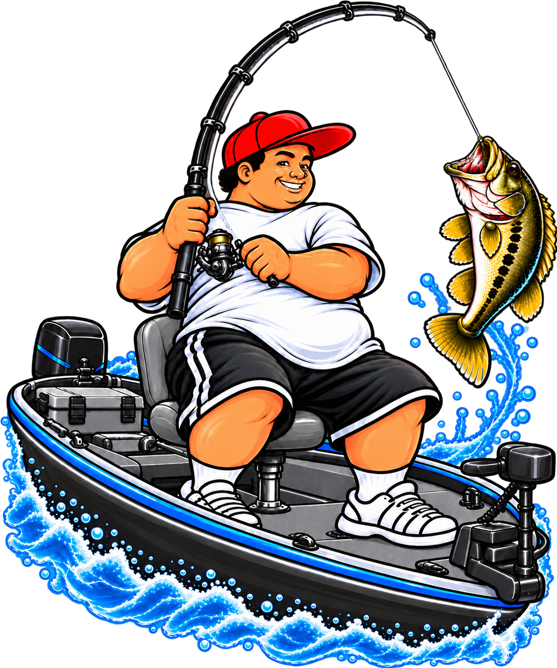 Fishing design: the BBA Man fishing from a boat, holding a bent fishing rod as he catches a fish