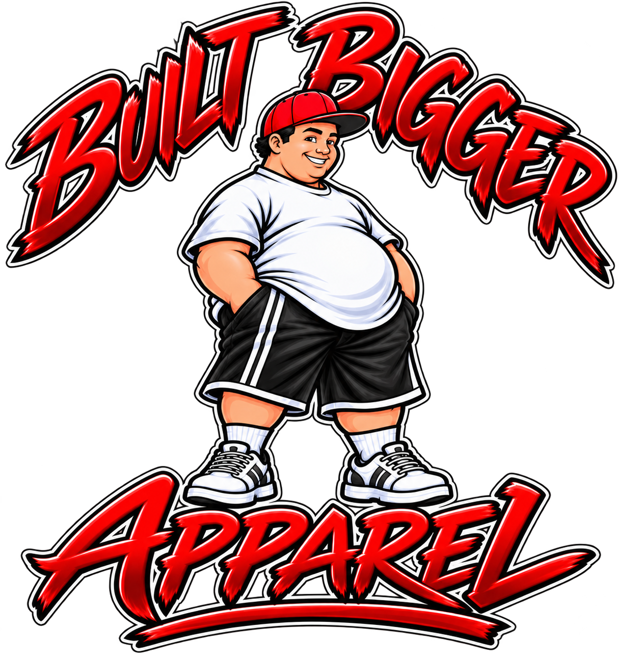 The BBA Man wearing a red cap and black Built Bigger Apparel shirt, standing with his hands in his pockets