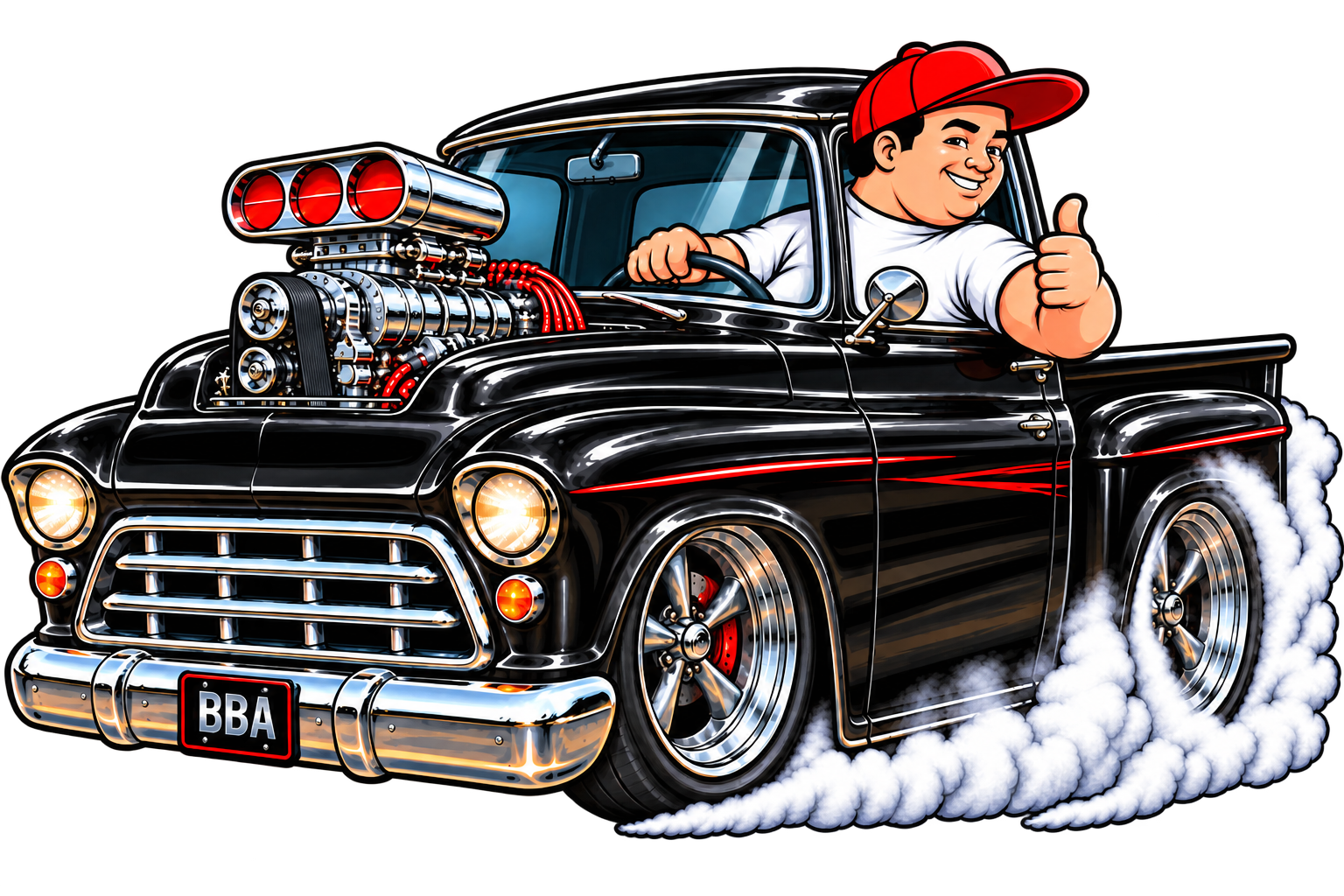 Muscle Truck design: the BBA Man sitting in a black custom truck, doing a burnout
