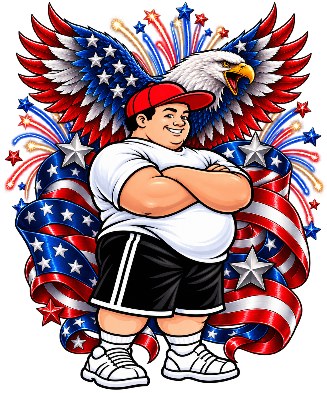Built Bigger Patriot design: the BBA Man in a Built Bigger Apparel shirt with a bald eagle and red, white, and blue accents